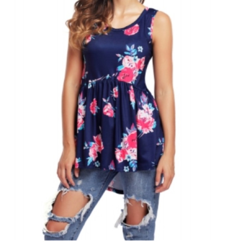 Blue Floral Sleeveless Tank